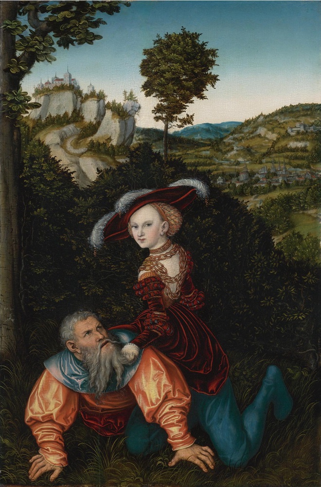 老盧卡斯‧克拉納赫（Lucas Cranach the Elder）1530年的畫作《亞里斯多德與菲利斯》（Aristotle and Phyllis）。