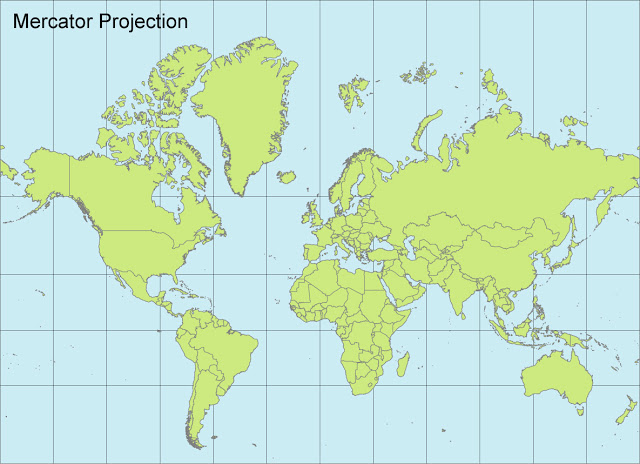 運用麥卡托投影法顯現出來的世界地圖。