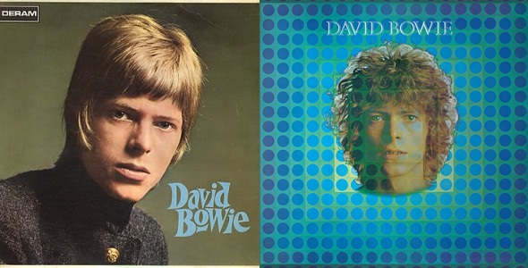 1967年的《David Bowie》同名專輯封面（左）；1969年的《David Bowie》同名專輯封面（右）。