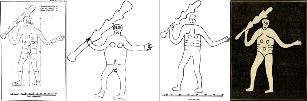 由左至右分別為兩幅1764年的巨人像素描、1842年的素描和1892年的素描，由於維多利亞時代（1837年後）推崇所謂的「道德觀念」，生殖器描繪也消失在學術和觀光刊物中。