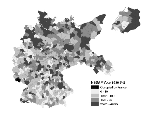 1930年選舉中，支持納粹黨的分布。
