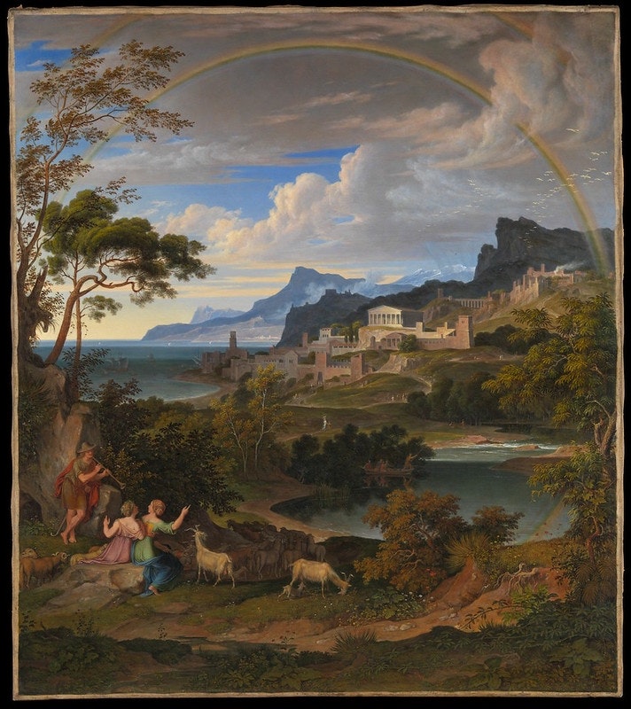 約瑟‧安東‧科赫（Joseph Anton Koch）的畫作《Heroic Landscape with Rainbow，1824年》。