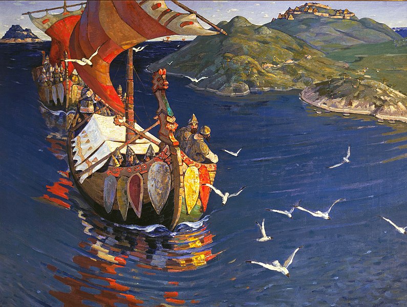 畫家 Nicholas Roerich 筆下的「海外訪客」，船型屬於廣義的維京船隻，描繪的是瓦良格人（東羅馬帝國給「維京人」取的名字， 9 世紀和 11 世紀之間，瓦良格人統治了中世紀的基輔羅斯）。