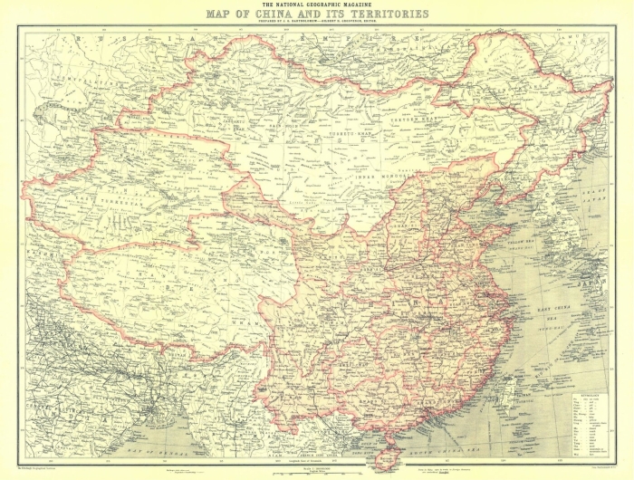 1912年的國家地理雜誌，中國與它的「屬地」（西藏、蒙古、東突厥）以微妙的界線分隔了。