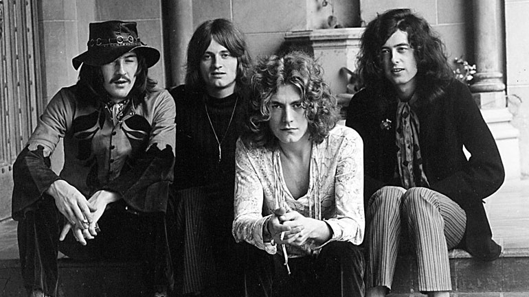 Led Zeppelin團員（由左至右）：已逝的鼓手John Bonham、貝斯手John Paul Jones、主唱Robert Plant和吉他手Jimmy Page。