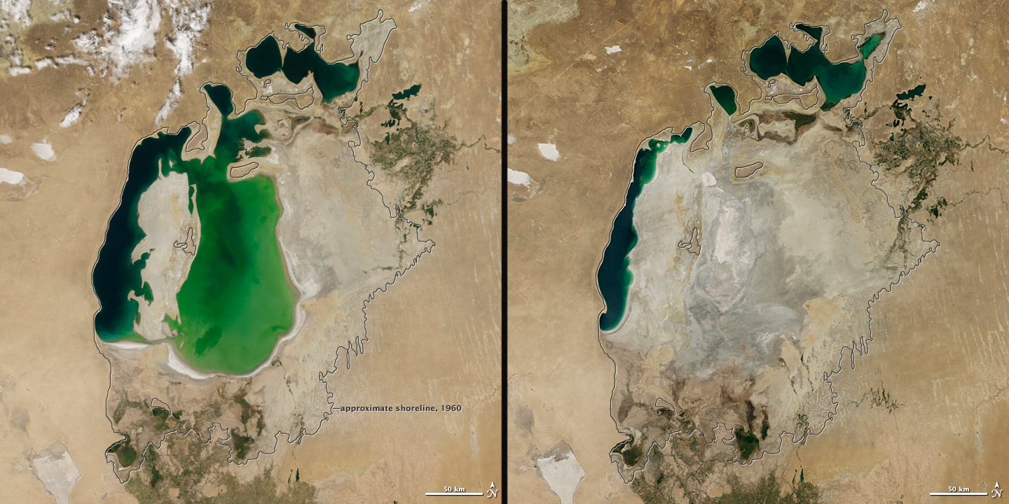 美國太空總署衛星空拍鹹海的變化。（左圖）2000年時的鹹海已經距1960年縮減不少，但到了2014年（右圖）南鹹海已經瀕臨乾涸困境。