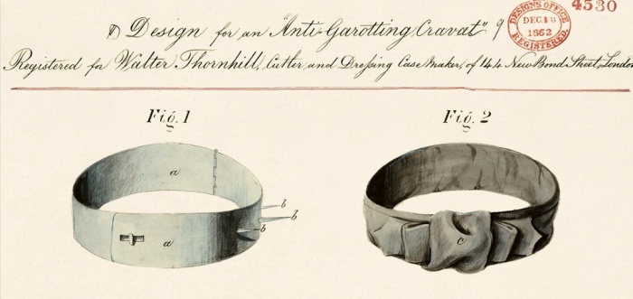 在維多利亞時期走跳可能有被私刑的危險，所以推出「反絞刑領帶」，金屬的材質避免脖子遭到繩索損害（1862年）。
