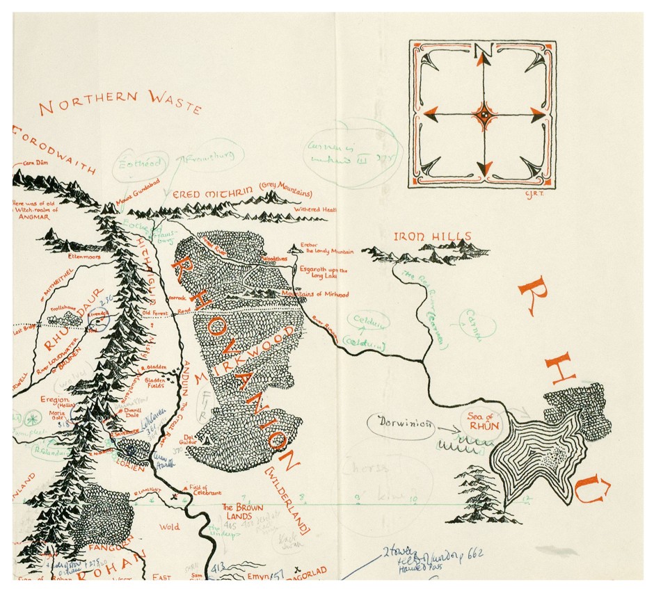 由已故的名插畫家波琳．拜恩斯所繪製的《魔戒》地圖。圖為此地圖的右上角。