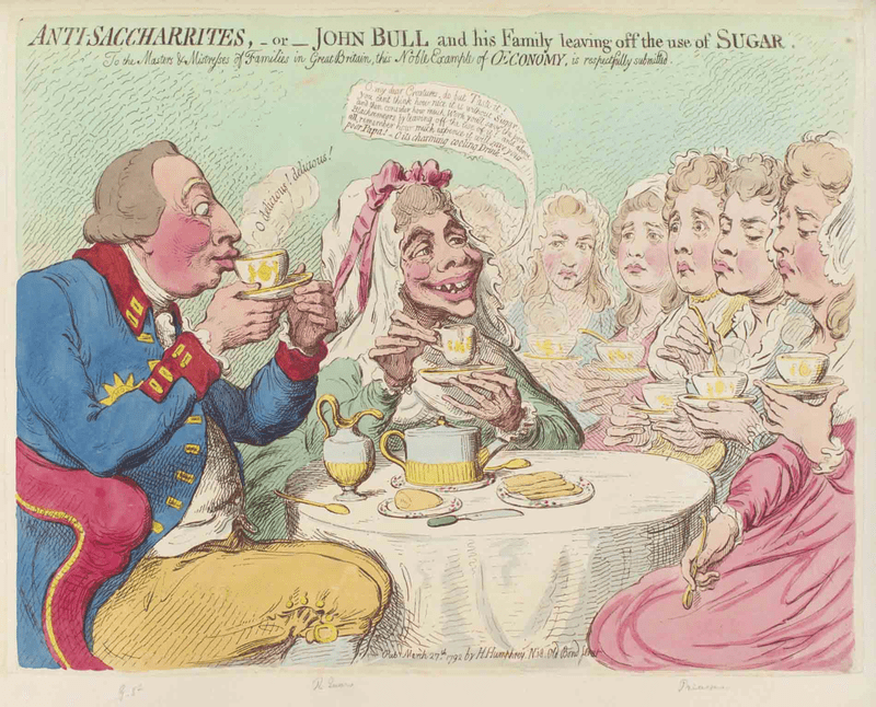 1792年詹姆斯·吉爾雷（James Gillray）所繪的諷刺漫畫，描繪英國國王喬治三世和妻子夏洛特喝茶不加糖，並敦促女兒們也這樣做。